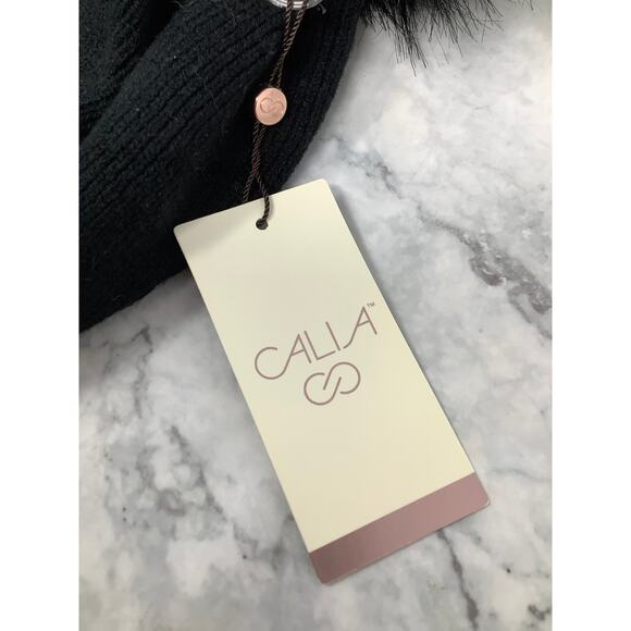 Calia Womens Black Slouch Faux Fur Pom Knit Beanie Hat Cozy Casual Winter L25-20 - Picture 5 of 8